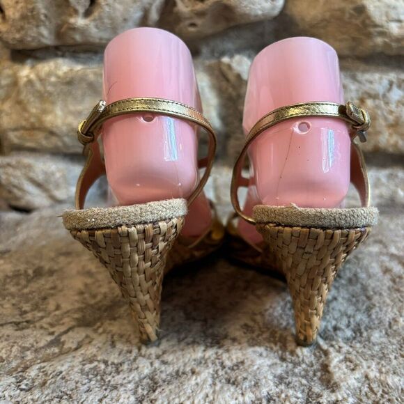 PRADA Vintage Gold Leather Slingback Basket Weave 4" Wedge Heels Sandals 40/9.5 - Picture 5 of 9